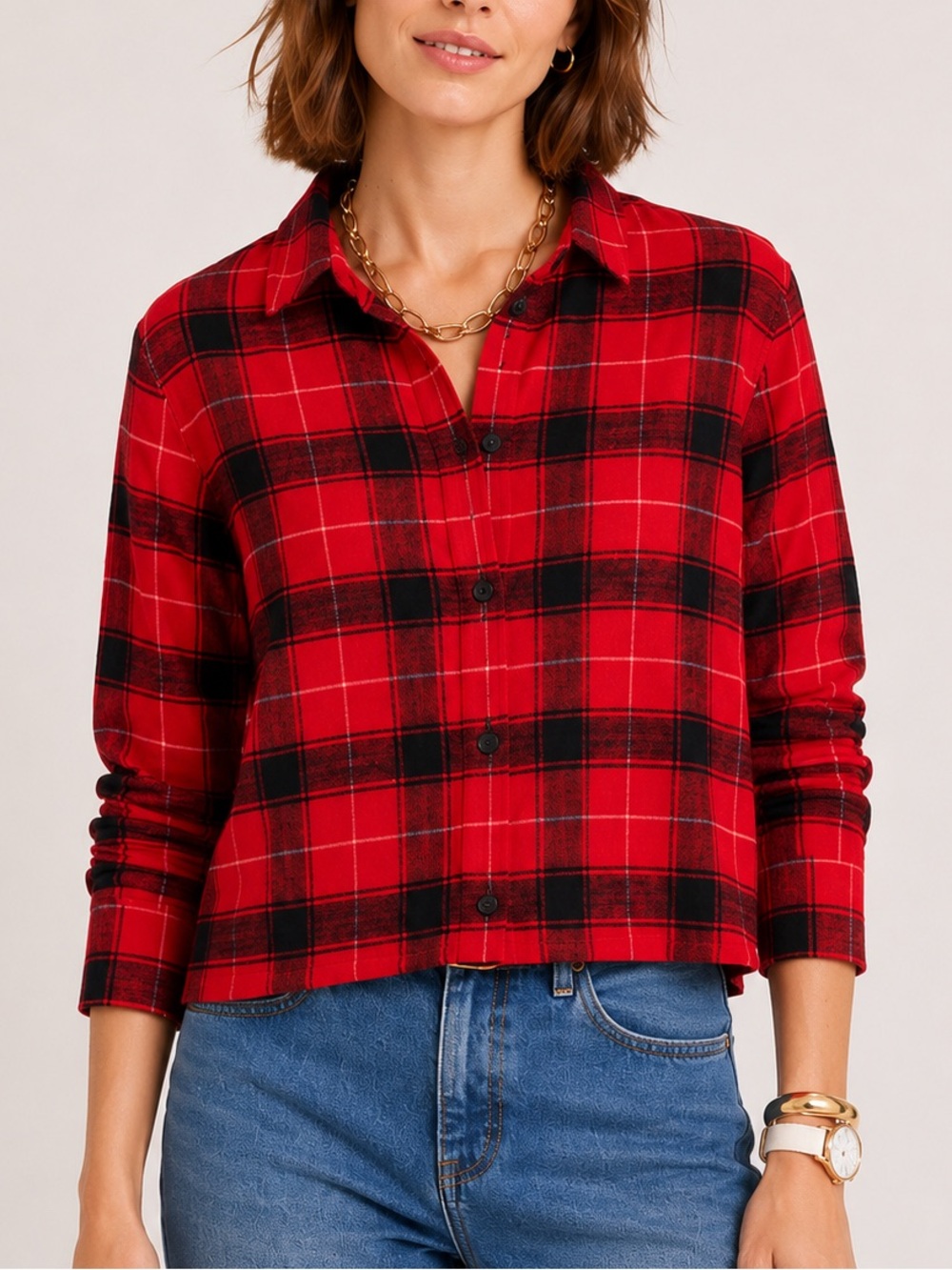 J.Crew Garçon Red Black Plaid Flannel Cropped Button Front Shirt Size 12